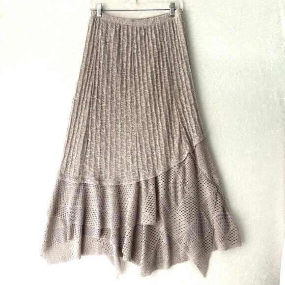 INDIGO SOUL Womens Knit Maxi Skirt Size S Tan Raw Asymmetrical Hem Boho Stretch - Picture 1 of 10